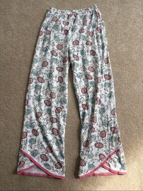 Women's White Floral Pajama Pants with Pink Trim